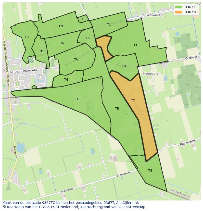 Afbeelding van het postcodegebied 9367 TC op de kaart.