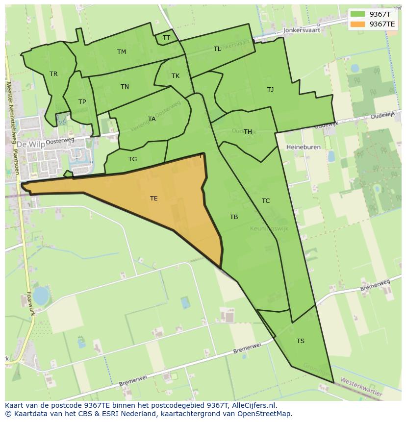 Afbeelding van het postcodegebied 9367 TE op de kaart.