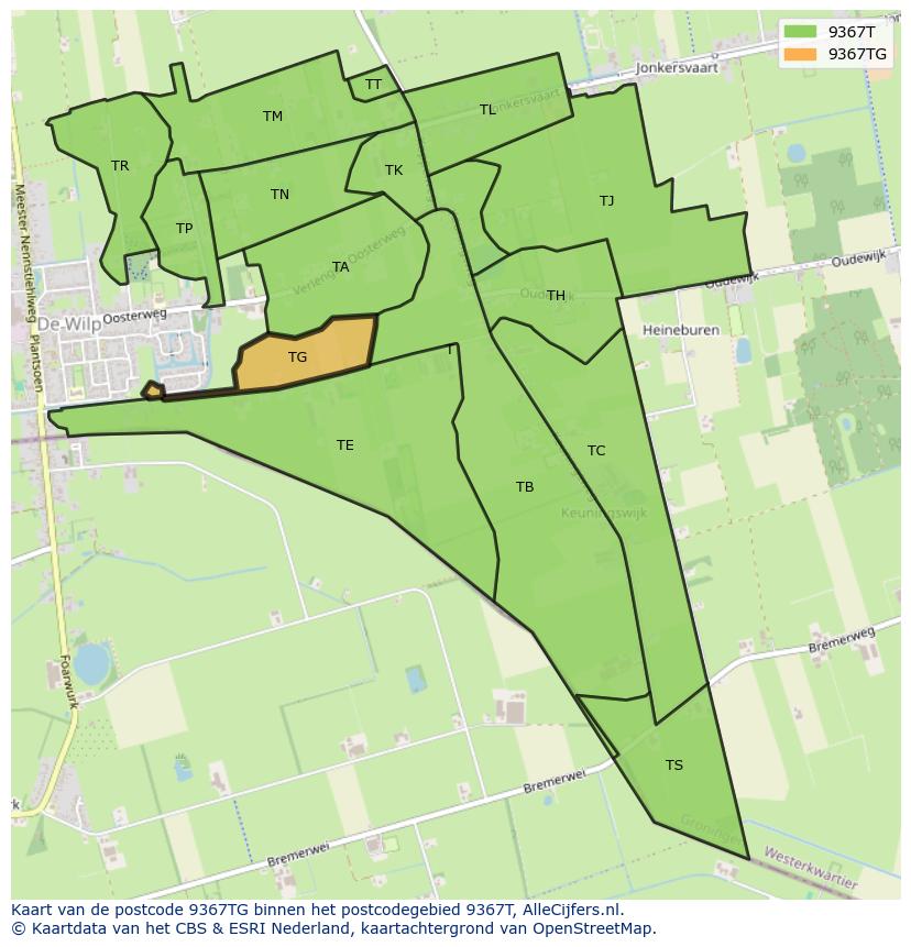 Afbeelding van het postcodegebied 9367 TG op de kaart.