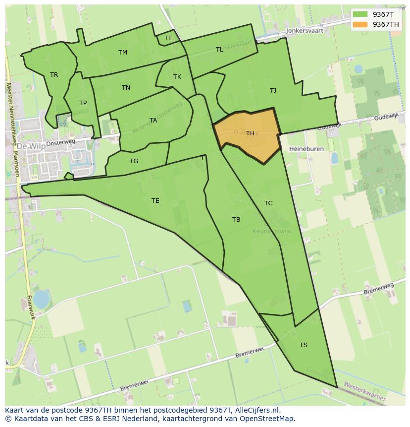 Afbeelding van het postcodegebied 9367 TH op de kaart.