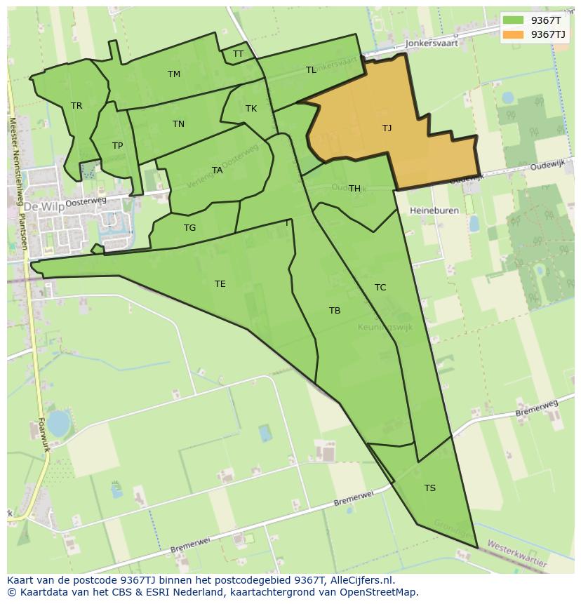 Afbeelding van het postcodegebied 9367 TJ op de kaart.