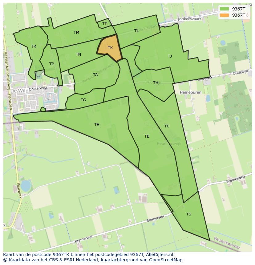 Afbeelding van het postcodegebied 9367 TK op de kaart.