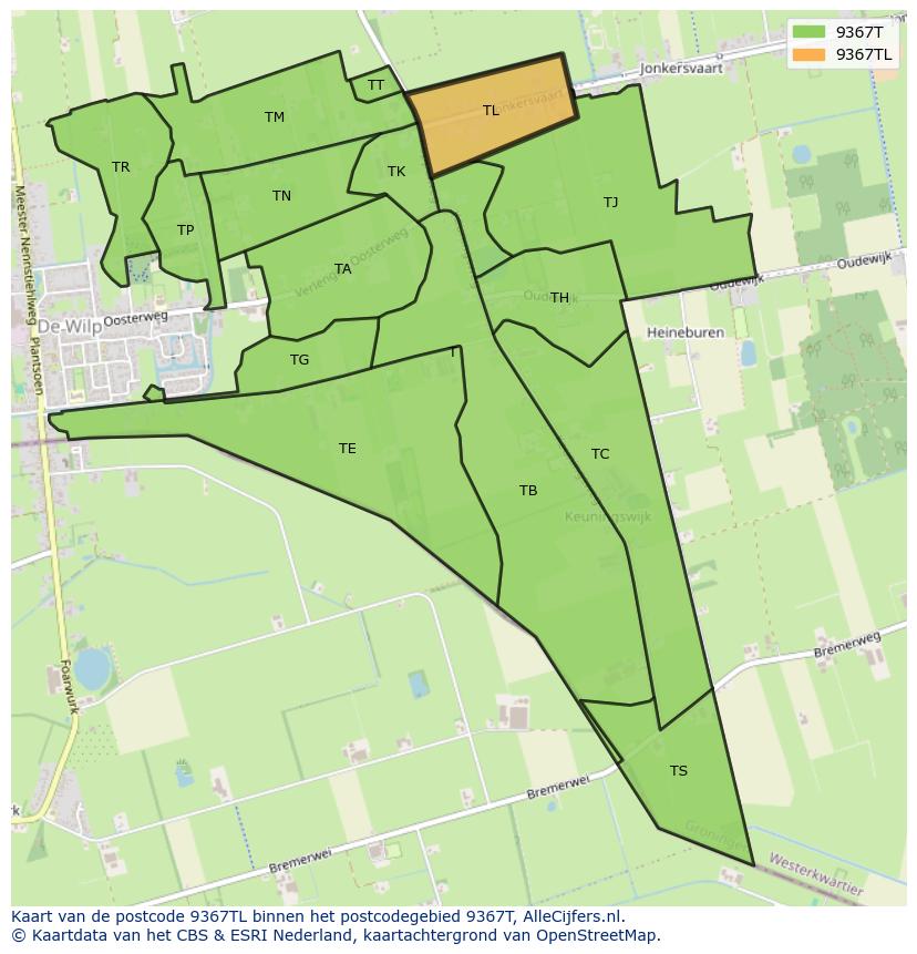 Afbeelding van het postcodegebied 9367 TL op de kaart.