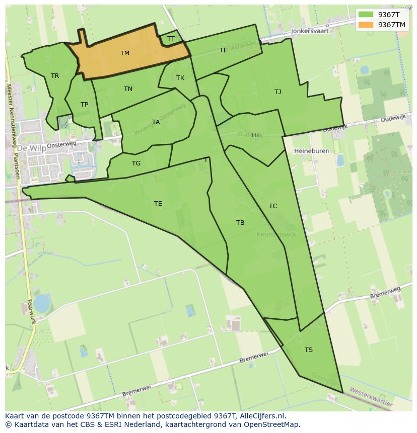 Afbeelding van het postcodegebied 9367 TM op de kaart.