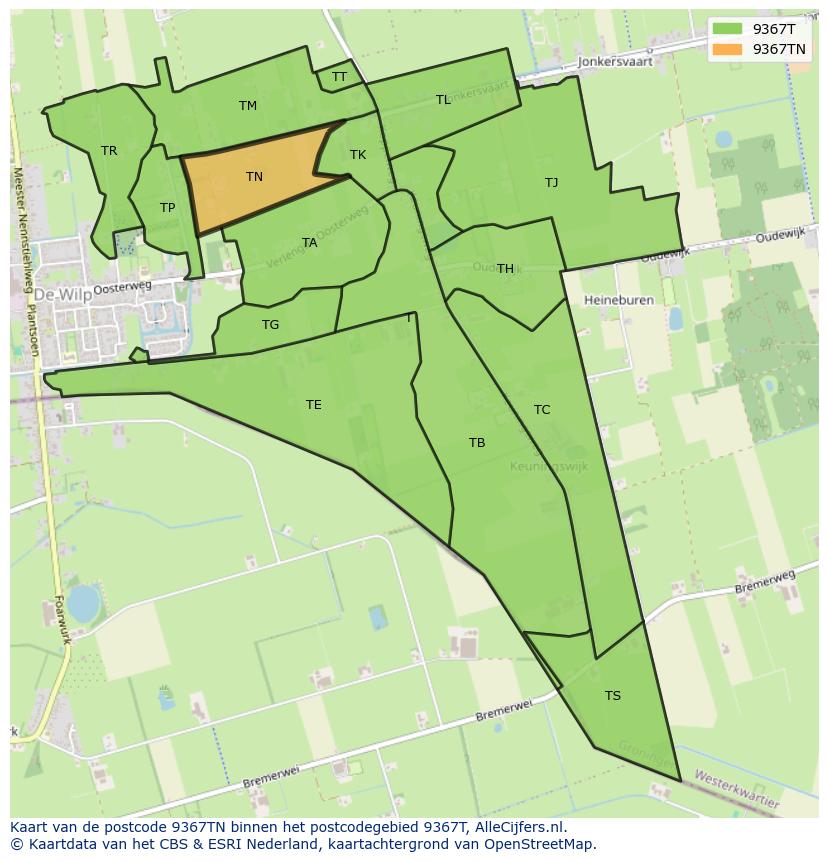 Afbeelding van het postcodegebied 9367 TN op de kaart.