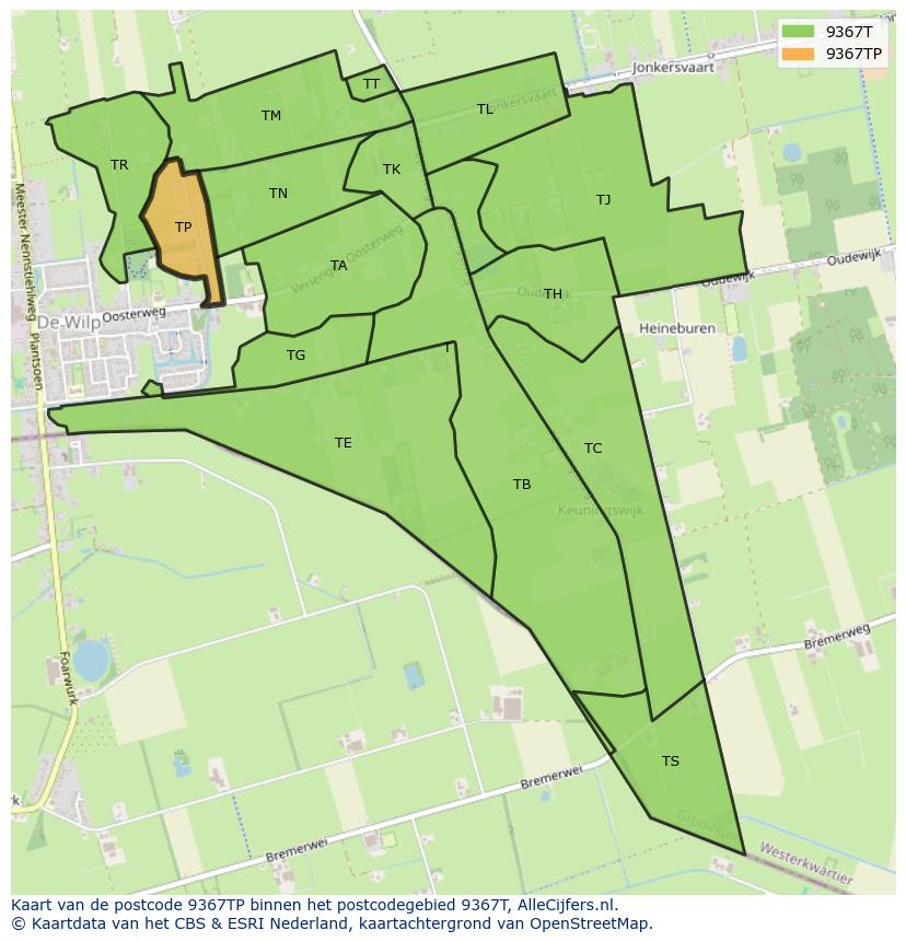 Afbeelding van het postcodegebied 9367 TP op de kaart.