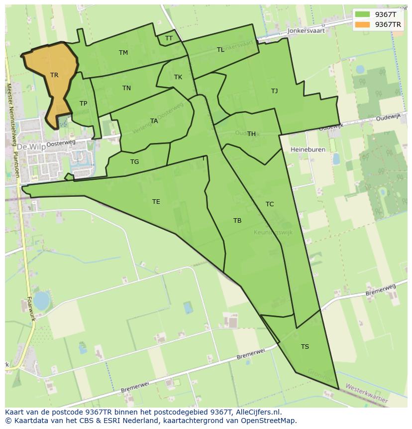 Afbeelding van het postcodegebied 9367 TR op de kaart.