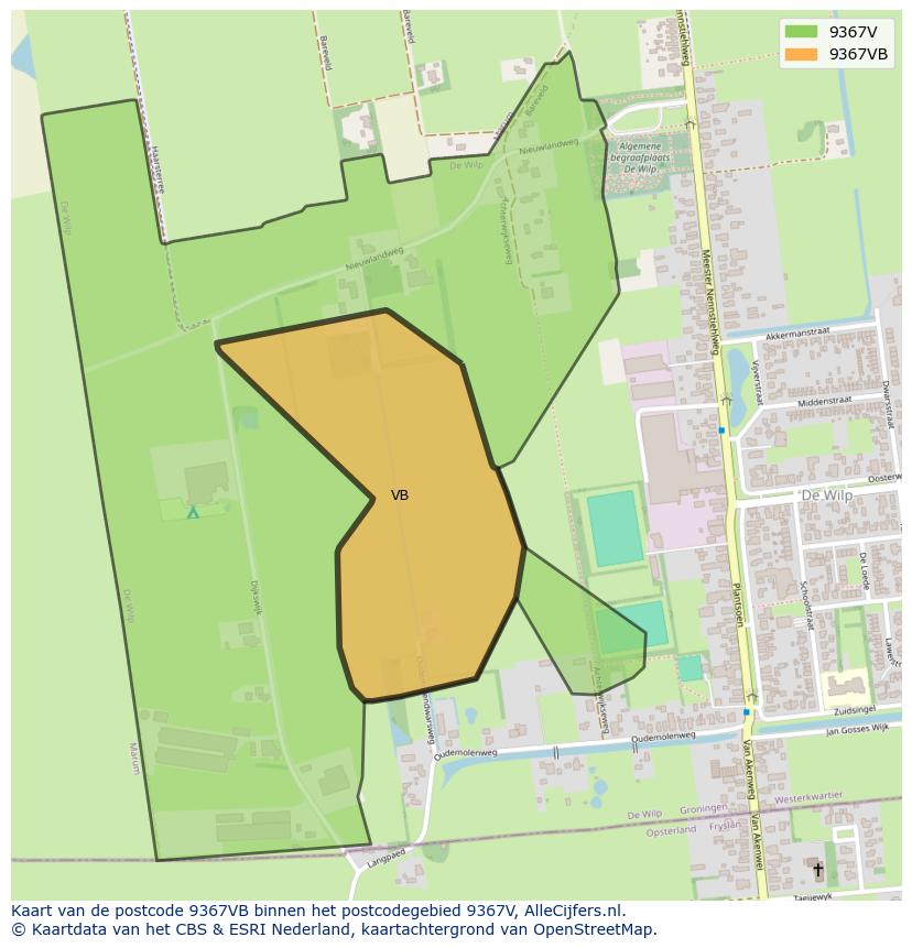 Afbeelding van het postcodegebied 9367 VB op de kaart.