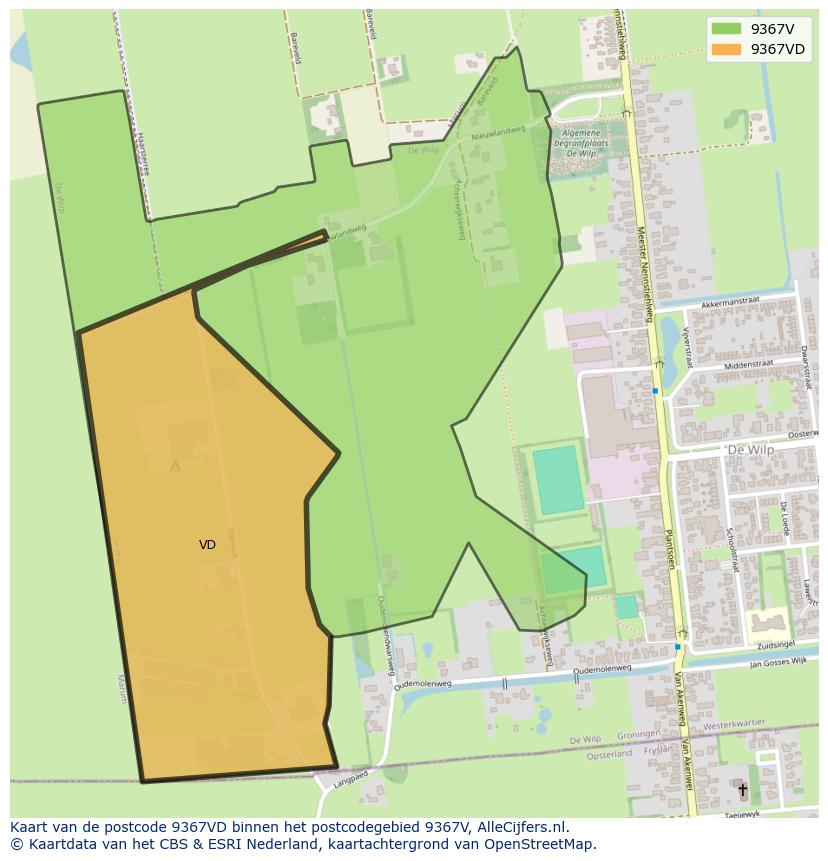 Afbeelding van het postcodegebied 9367 VD op de kaart.