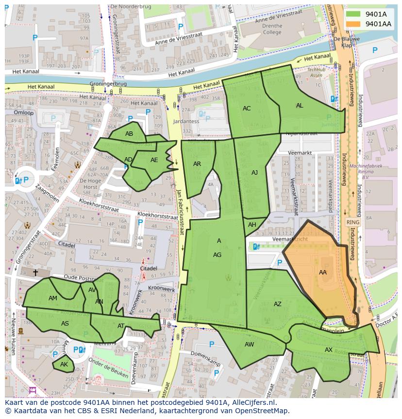 Afbeelding van het postcodegebied 9401 AA op de kaart.