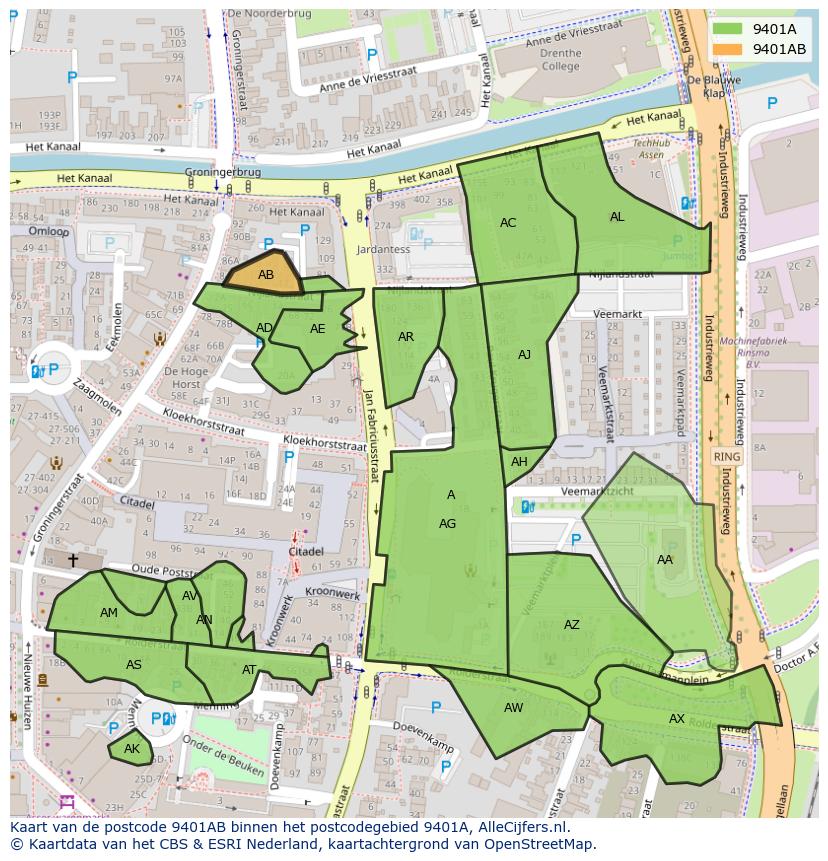 Afbeelding van het postcodegebied 9401 AB op de kaart.