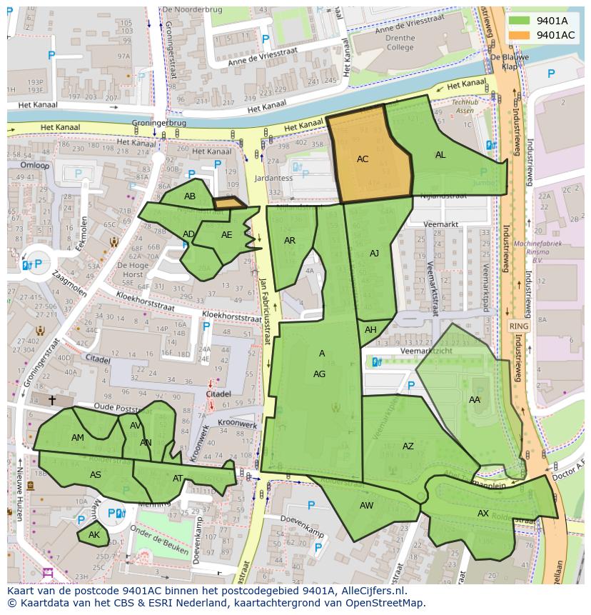 Afbeelding van het postcodegebied 9401 AC op de kaart.
