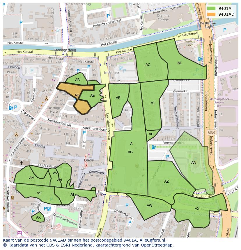 Afbeelding van het postcodegebied 9401 AD op de kaart.
