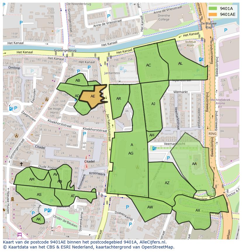 Afbeelding van het postcodegebied 9401 AE op de kaart.
