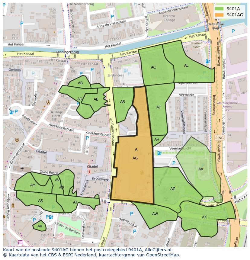 Afbeelding van het postcodegebied 9401 AG op de kaart.