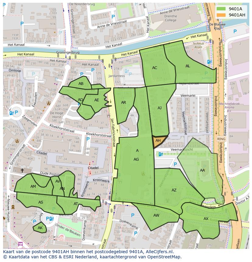 Afbeelding van het postcodegebied 9401 AH op de kaart.