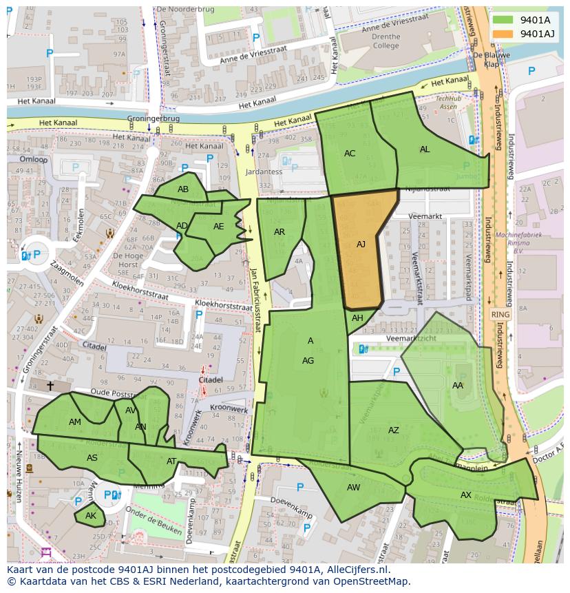 Afbeelding van het postcodegebied 9401 AJ op de kaart.