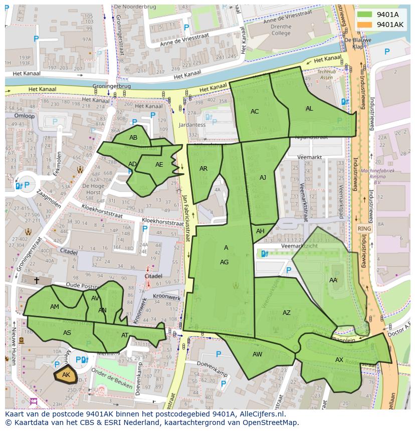 Afbeelding van het postcodegebied 9401 AK op de kaart.