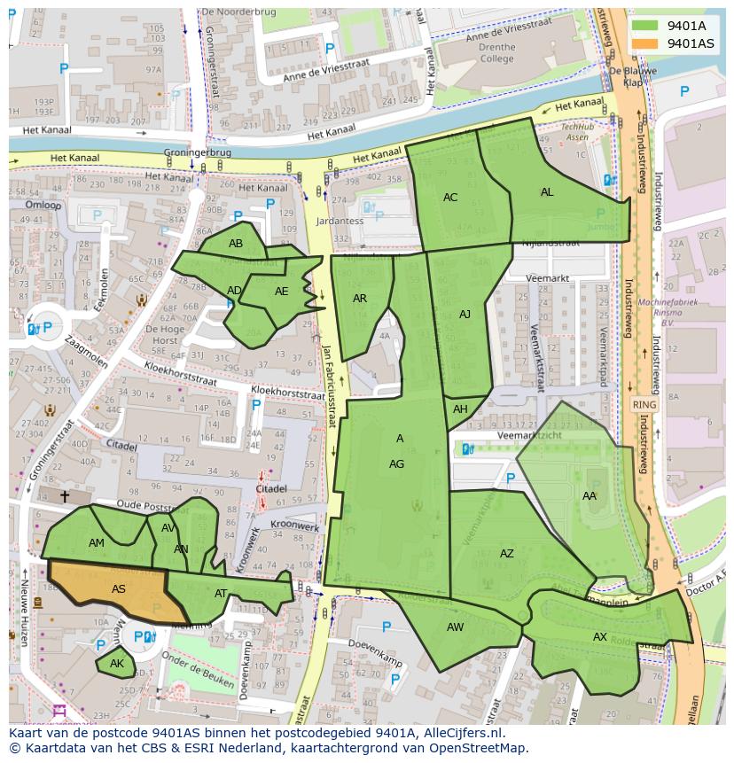 Afbeelding van het postcodegebied 9401 AS op de kaart.