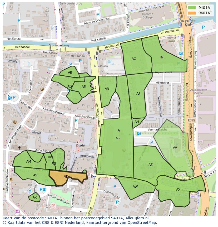 Afbeelding van het postcodegebied 9401 AT op de kaart.