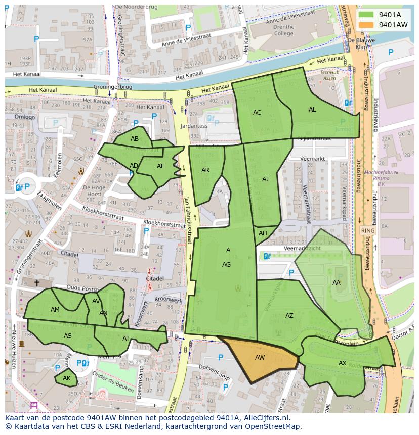 Afbeelding van het postcodegebied 9401 AW op de kaart.