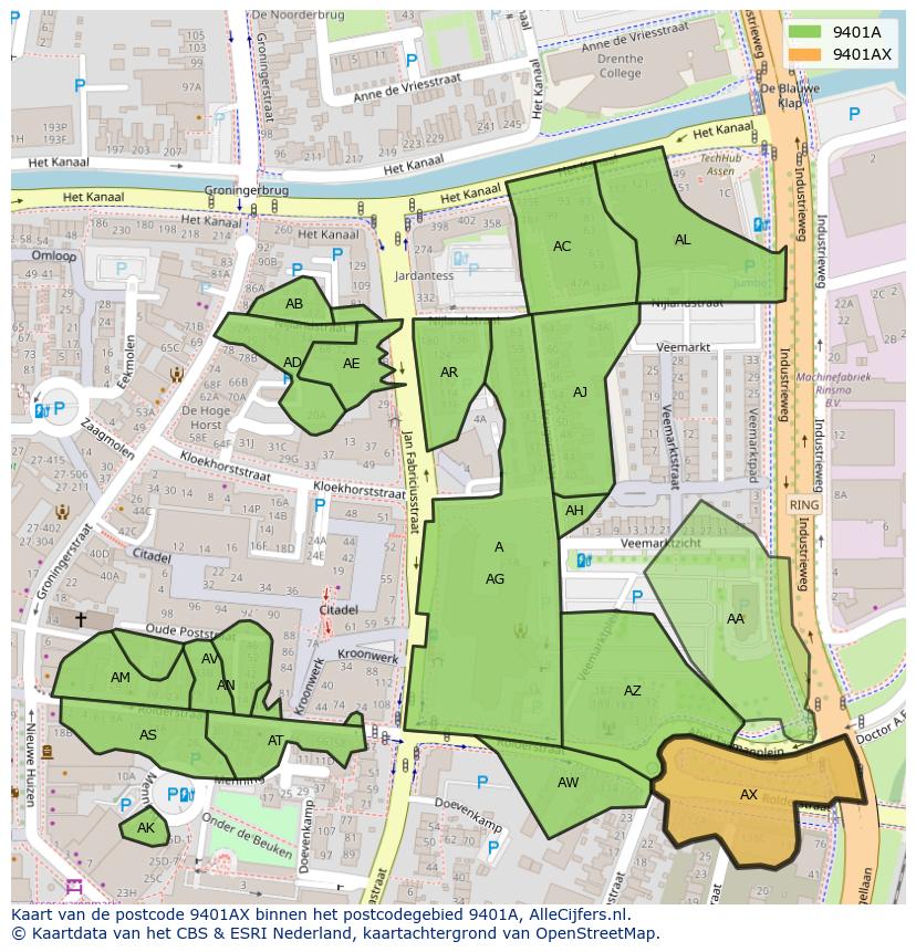 Afbeelding van het postcodegebied 9401 AX op de kaart.