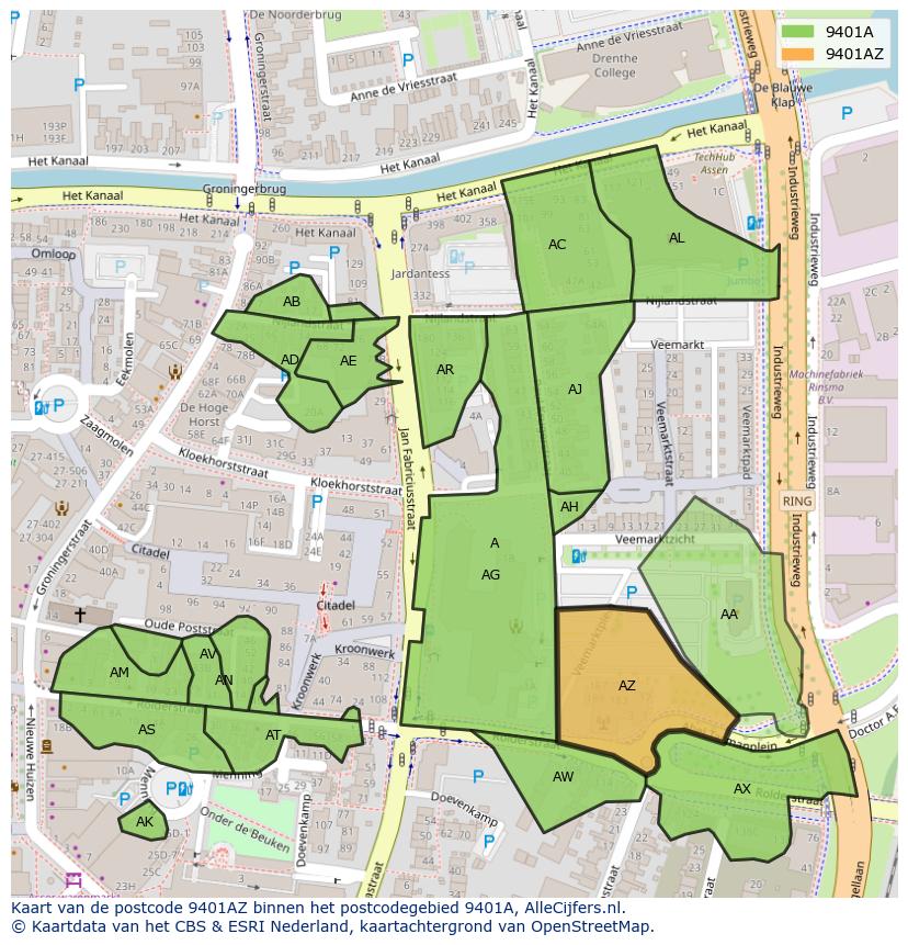 Afbeelding van het postcodegebied 9401 AZ op de kaart.