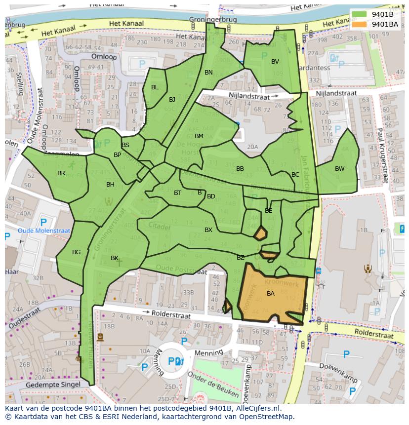 Afbeelding van het postcodegebied 9401 BA op de kaart.