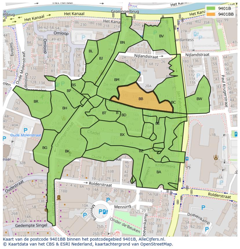 Afbeelding van het postcodegebied 9401 BB op de kaart.