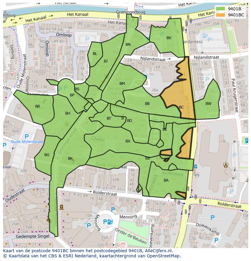 Afbeelding van het postcodegebied 9401 BC op de kaart.