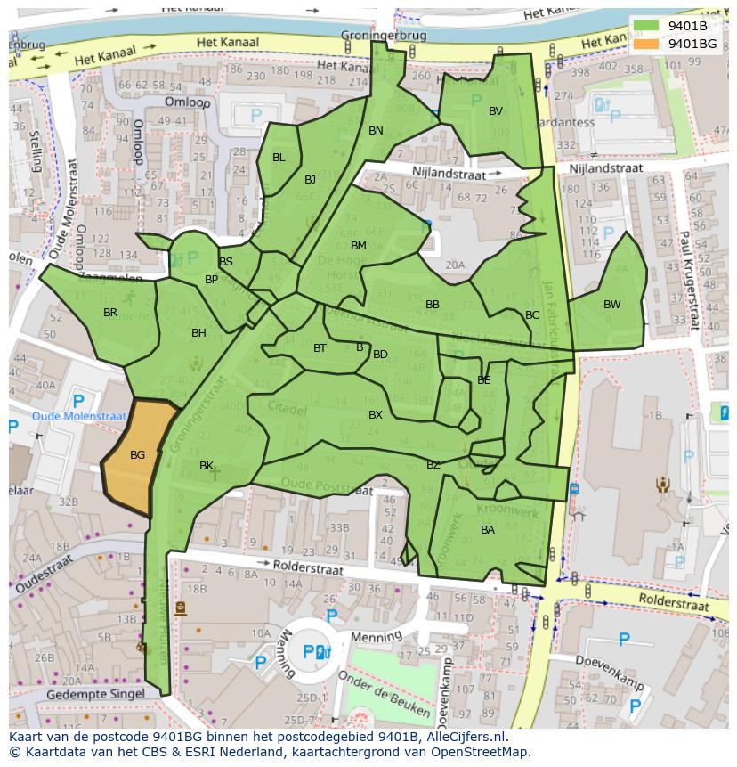 Afbeelding van het postcodegebied 9401 BG op de kaart.