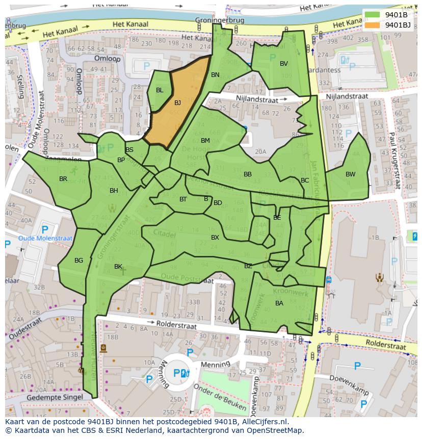 Afbeelding van het postcodegebied 9401 BJ op de kaart.