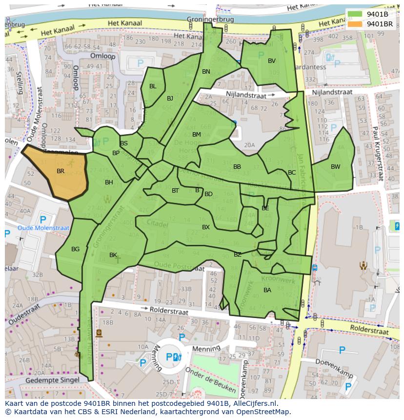 Afbeelding van het postcodegebied 9401 BR op de kaart.