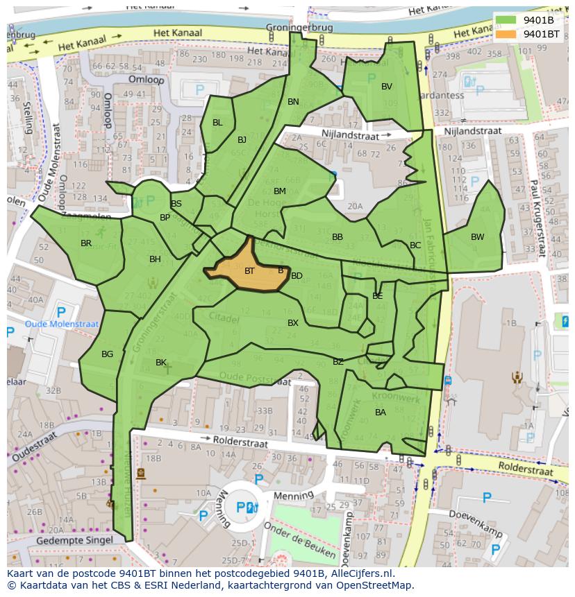 Afbeelding van het postcodegebied 9401 BT op de kaart.