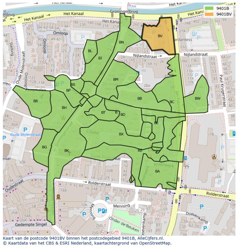 Afbeelding van het postcodegebied 9401 BV op de kaart.