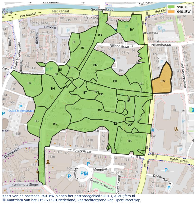 Afbeelding van het postcodegebied 9401 BW op de kaart.