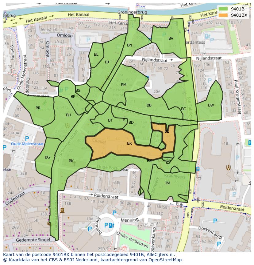 Afbeelding van het postcodegebied 9401 BX op de kaart.