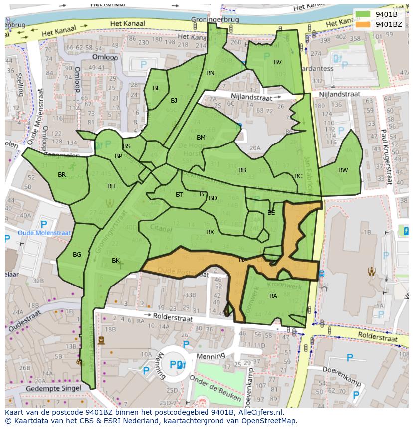 Afbeelding van het postcodegebied 9401 BZ op de kaart.