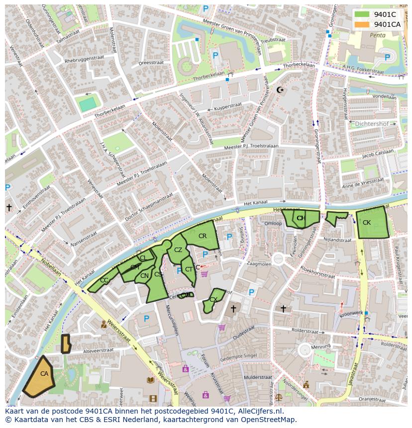 Afbeelding van het postcodegebied 9401 CA op de kaart.