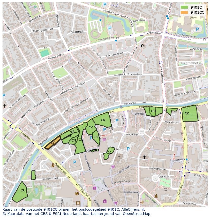 Afbeelding van het postcodegebied 9401 CC op de kaart.