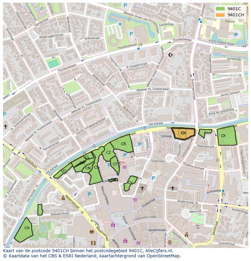 Afbeelding van het postcodegebied 9401 CH op de kaart.