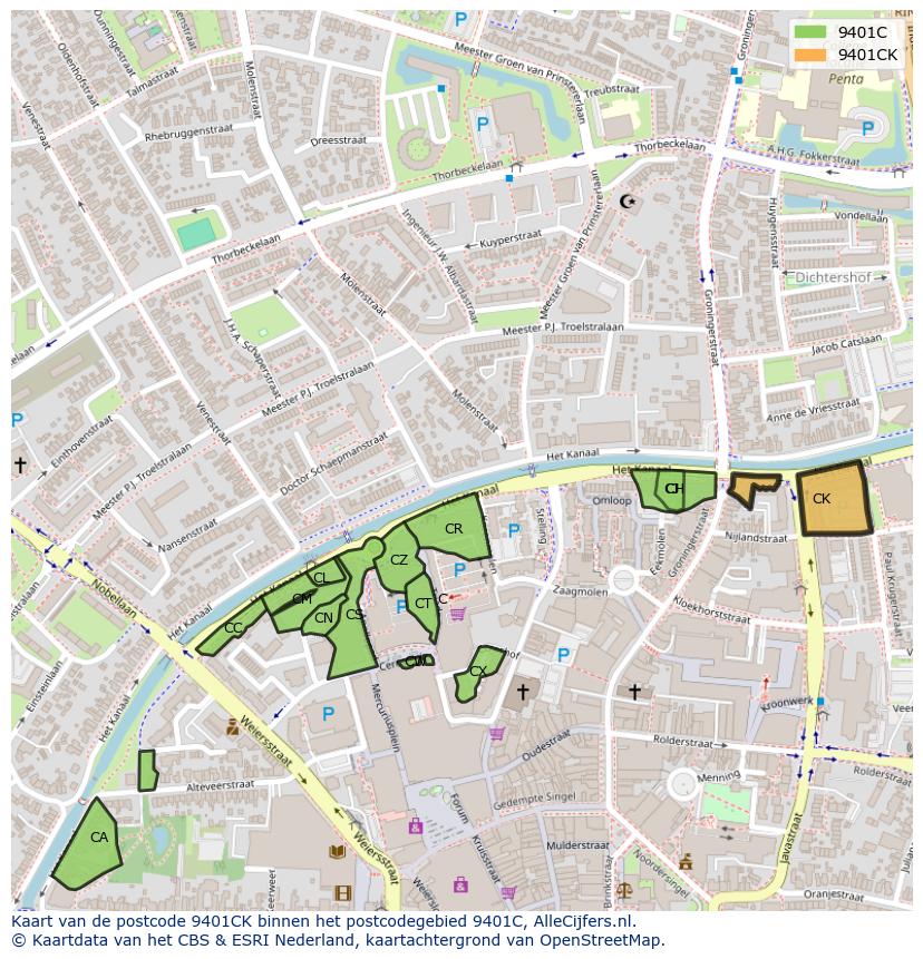 Afbeelding van het postcodegebied 9401 CK op de kaart.