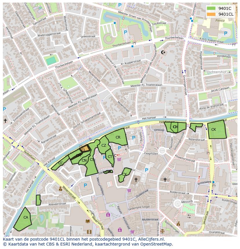 Afbeelding van het postcodegebied 9401 CL op de kaart.