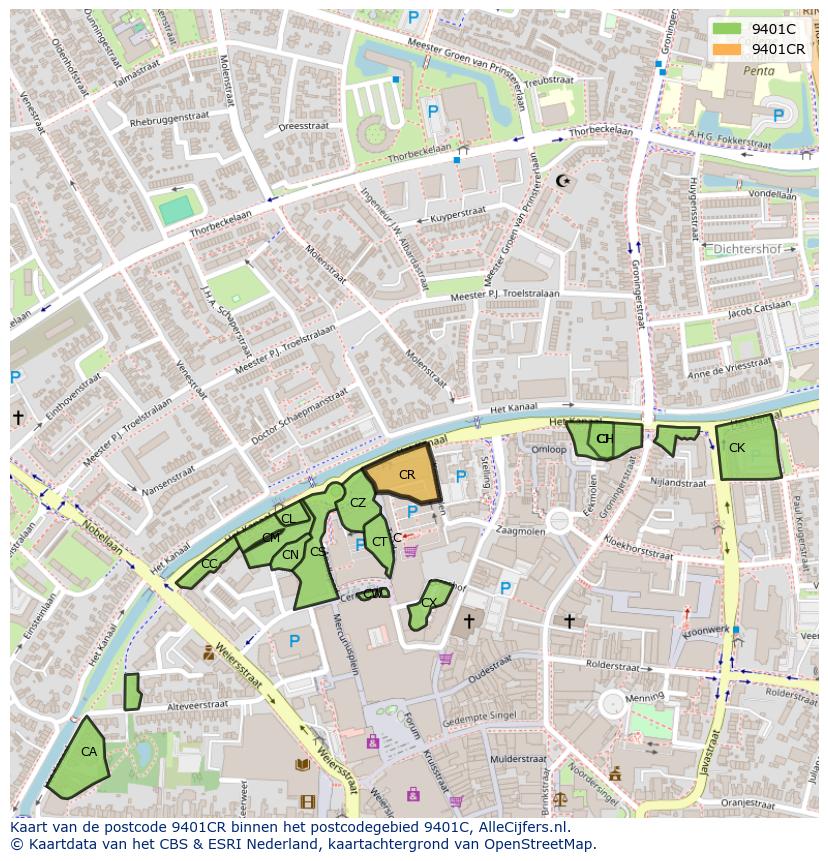 Afbeelding van het postcodegebied 9401 CR op de kaart.
