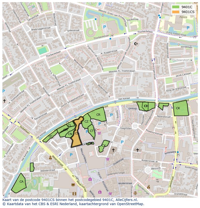 Afbeelding van het postcodegebied 9401 CS op de kaart.