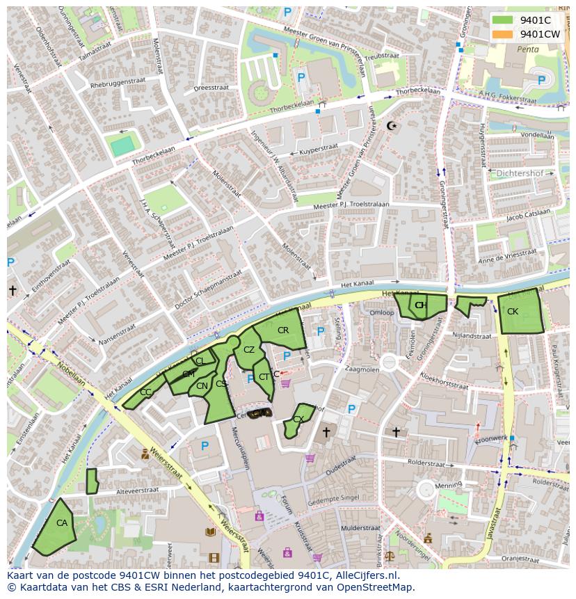 Afbeelding van het postcodegebied 9401 CW op de kaart.