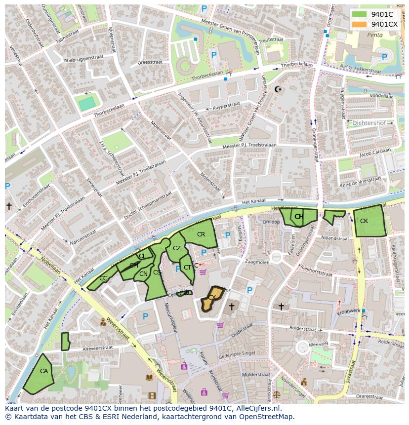 Afbeelding van het postcodegebied 9401 CX op de kaart.