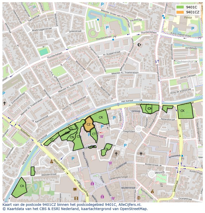 Afbeelding van het postcodegebied 9401 CZ op de kaart.