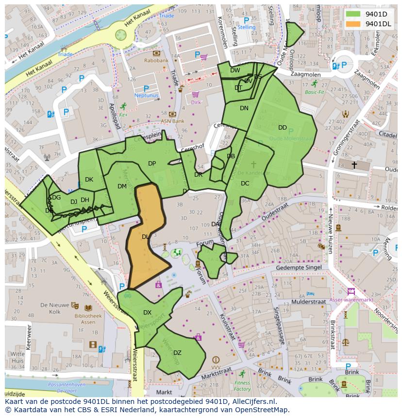 Afbeelding van het postcodegebied 9401 DL op de kaart.