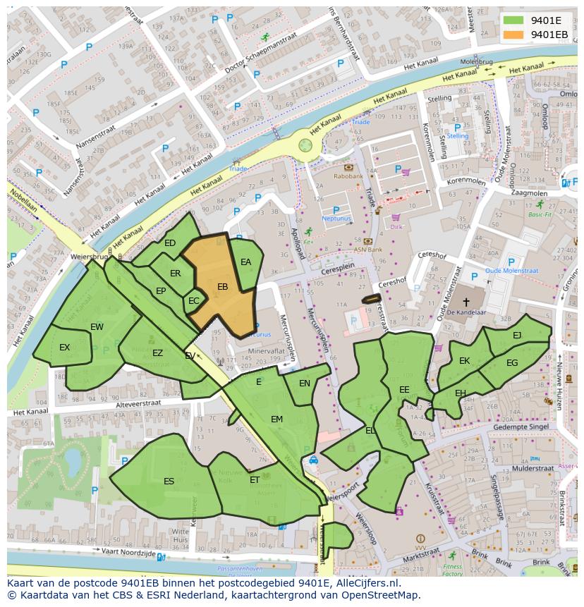 Afbeelding van het postcodegebied 9401 EB op de kaart.